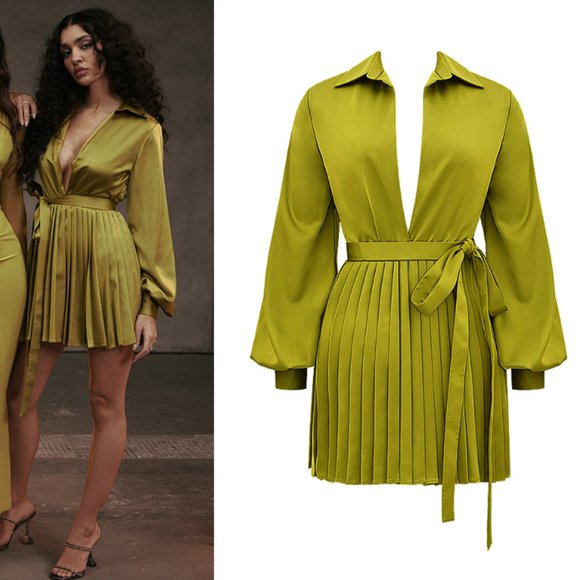 HOUSE OF CB 'Allegra' Chartreuse Pleated Shirt Dress NWOT - Picture 4 of 7